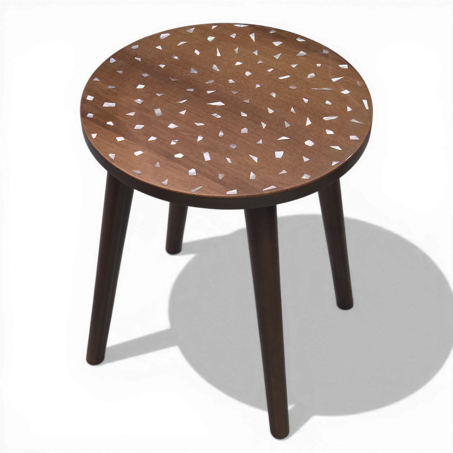 Artisan Walnut Finish Side Table Handcrafted Mother of Pearl Confetti Inlay Accent Table