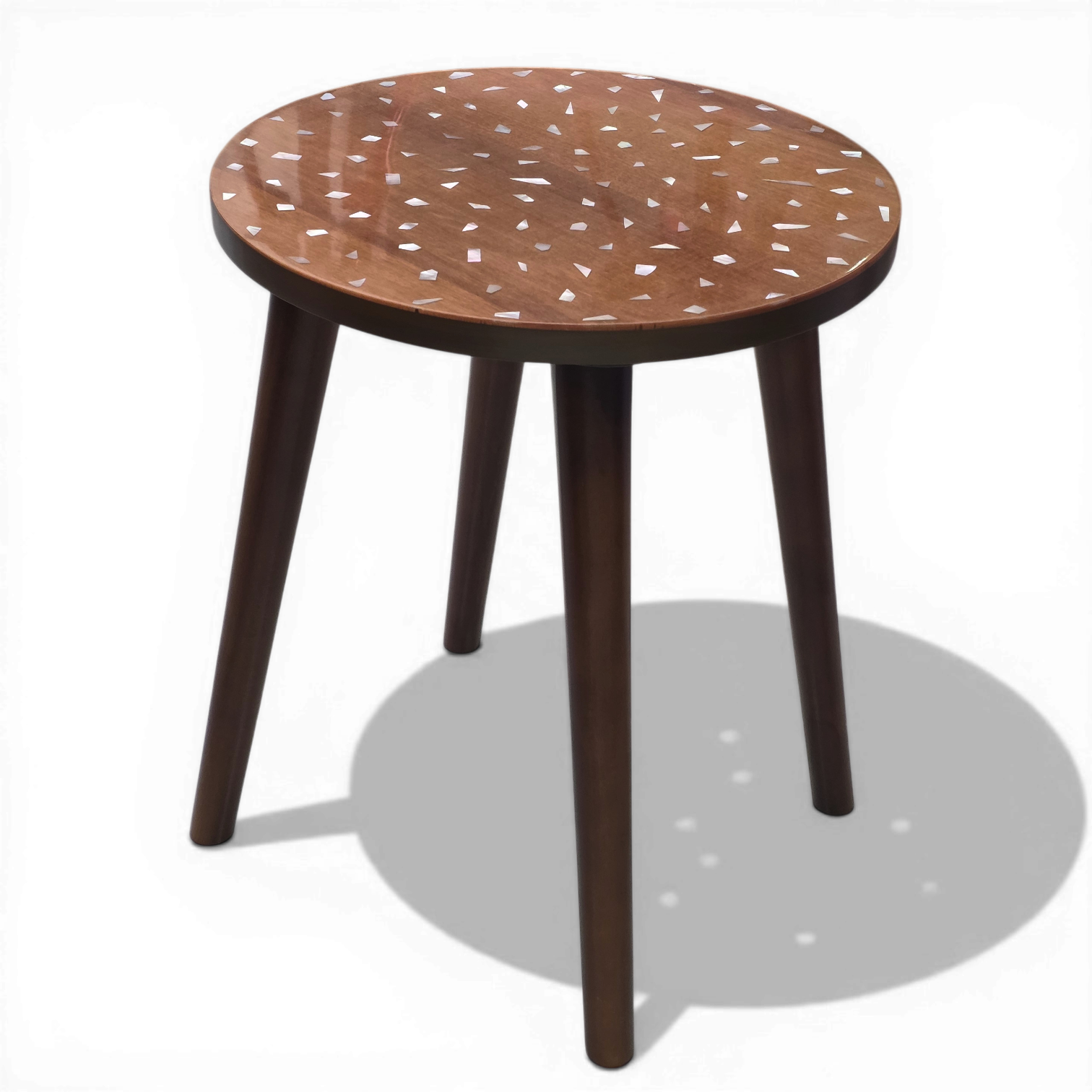 Artisan Walnut Finish Side Table Handcrafted Mother of Pearl Confetti Inlay Accent Table