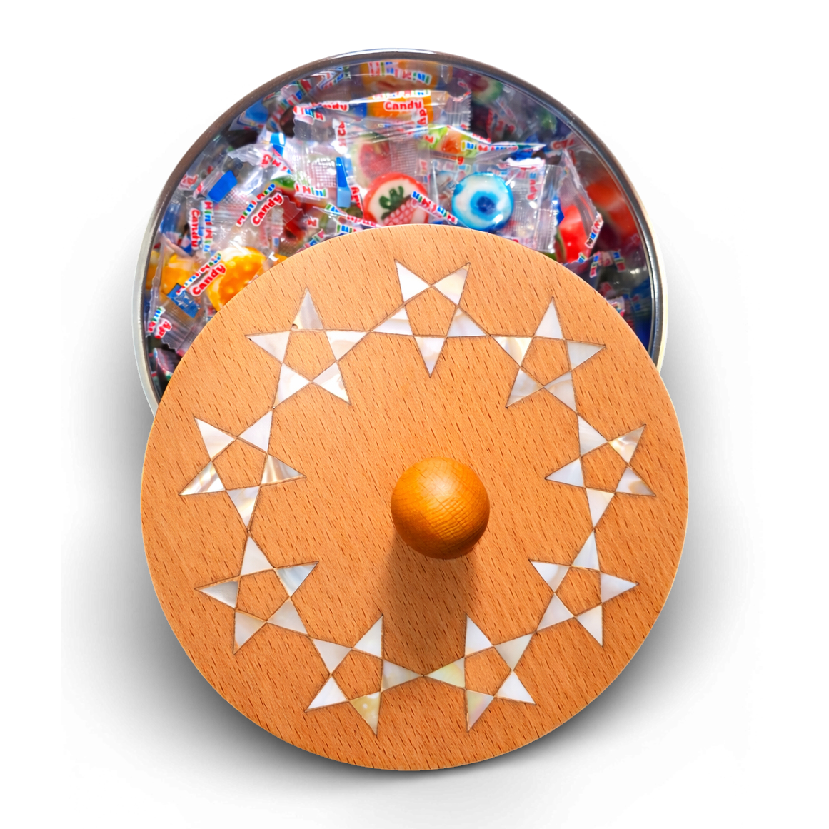 Handcrafted Glass Storage Jar with Wooden Mother-of-Pearl Star Mosaic Lid