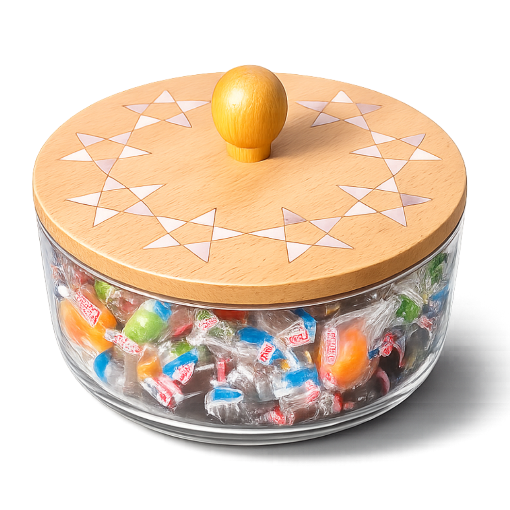 Handcrafted Glass Storage Jar with Wooden Mother-of-Pearl Star Mosaic Lid