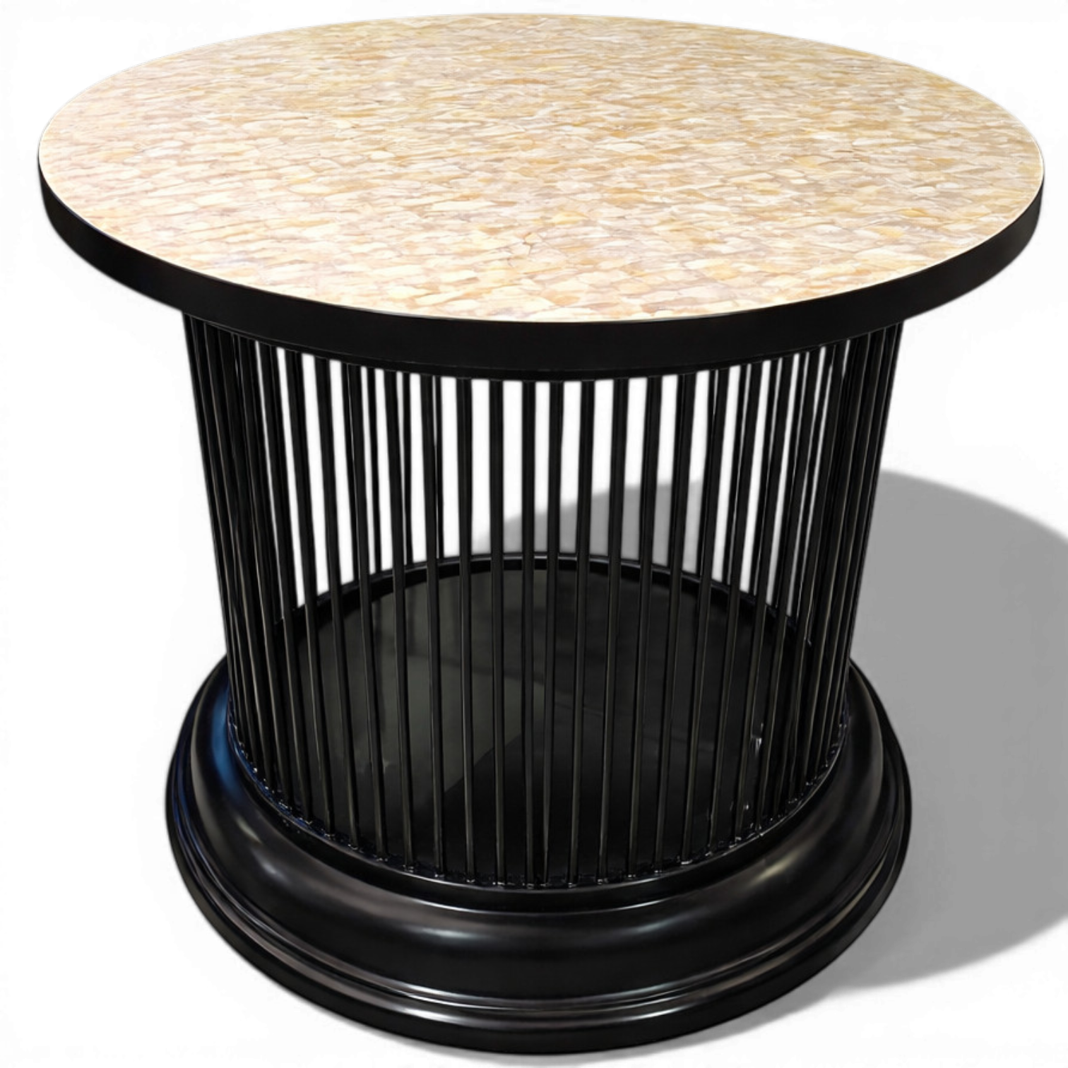 Luxury 30-Inch Msadaf Coffee Table – Handcrafted Mother of Pearl Mosaic Top with Modern Black Slatted Pedestal Base