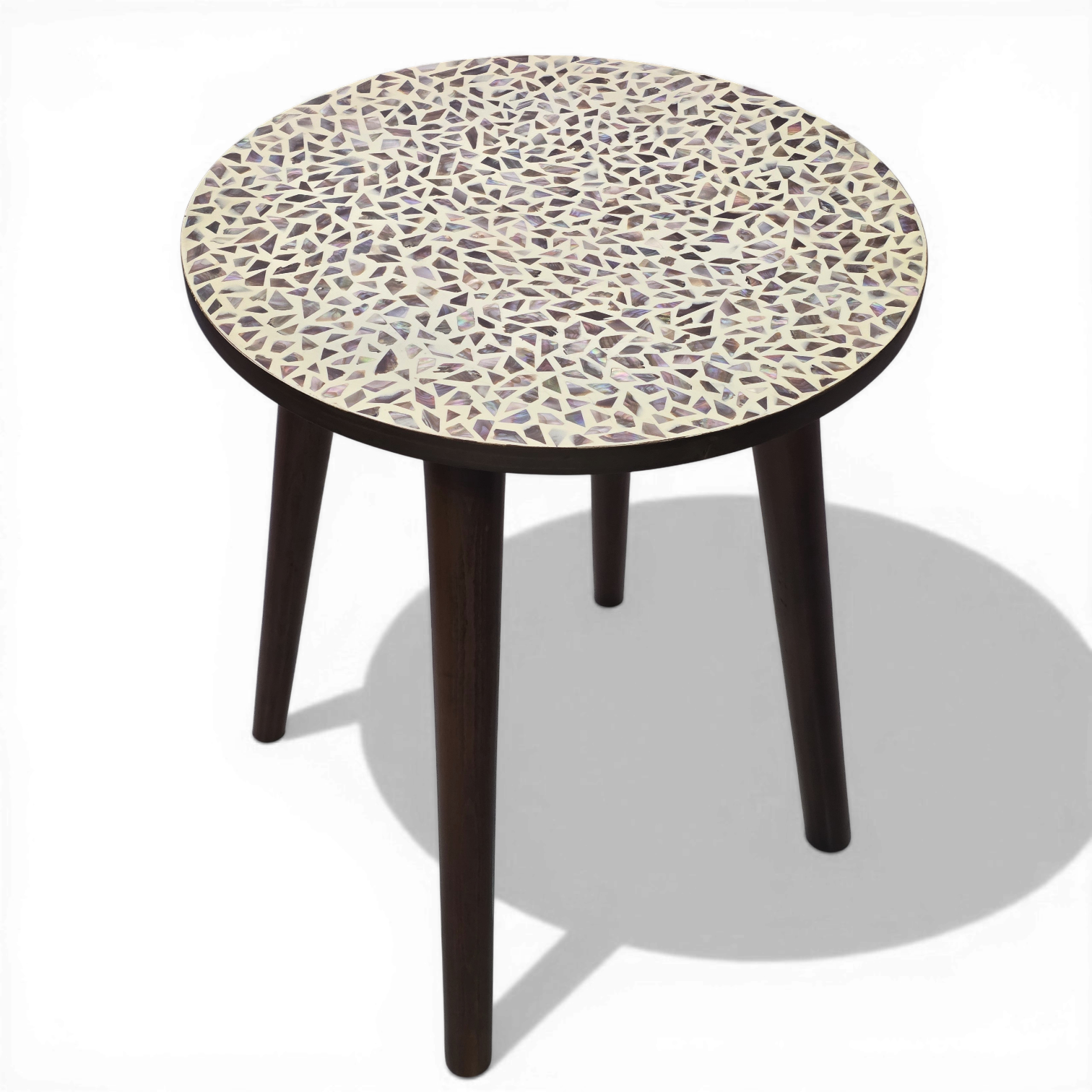 Luxury Full-Coverage Mother of Pearl Mosaic Side Table Artisan Msadaf Coffee Table with Dark Wood Legs