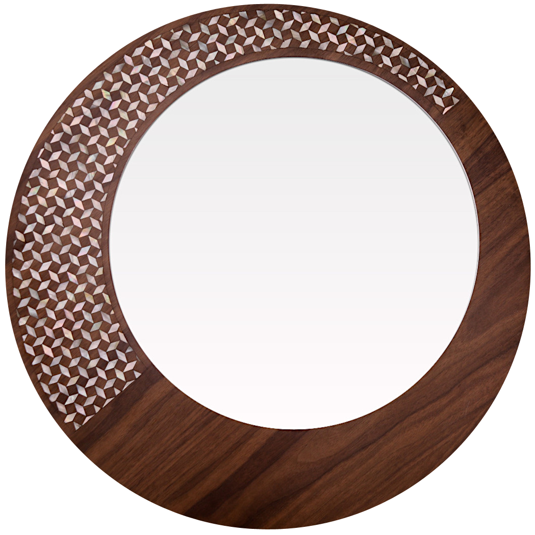 Round Wooden Mirror with Hand-Inlaid Seashell Mosaic