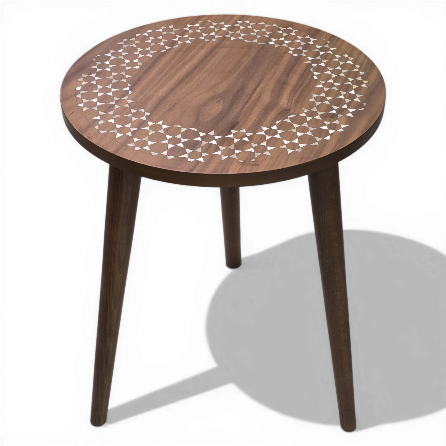 Title: Artisan Walnut Side Table with Geometric Circular Inlay Handcrafted Mother of Pearl Msadaf Accent Table