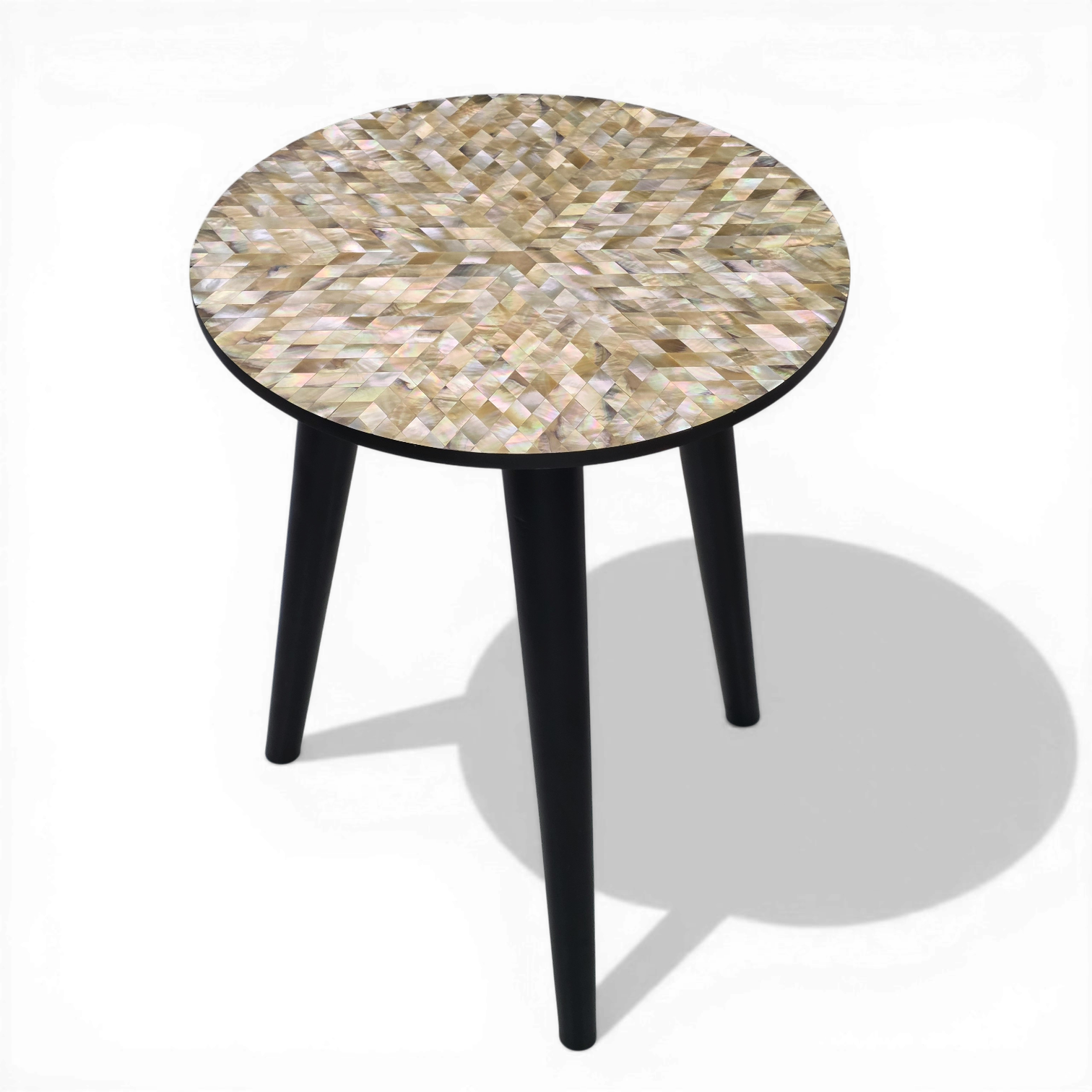 Title: Luxury Radial Mother of Pearl Side Table Artisan Msadaf Mosaic Coffee Table with Black Legs