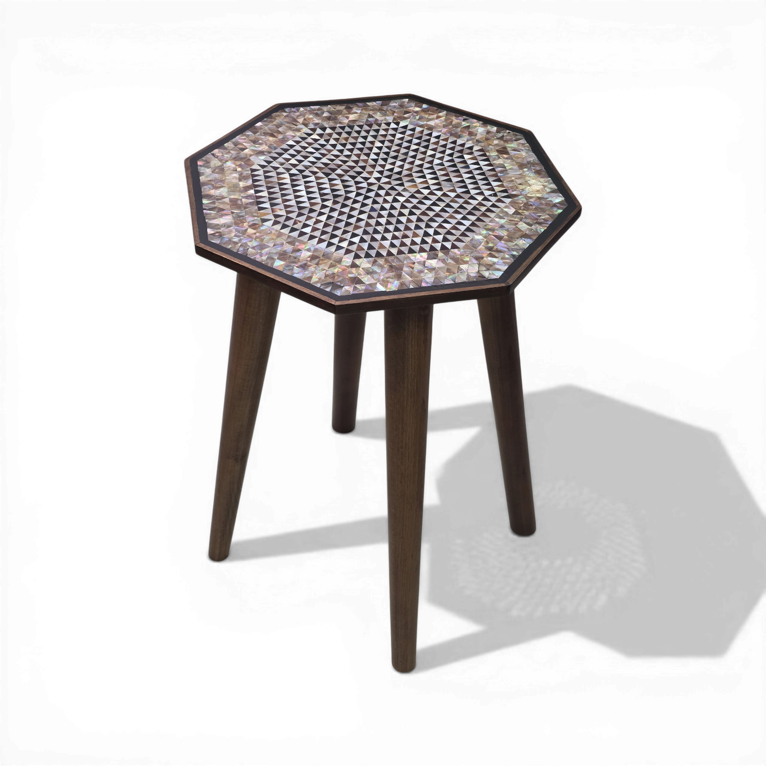 Title: Octagonal Geometric Msadaf Side Table Handcrafted Mother of Pearl & Ebony Wood Inlay